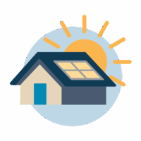 _0002_DidYouKnow-image9 Decorative image icon of house with solar panels on roof and sun shining behind the house