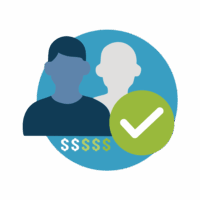 _0006_DidYouKnow-image5 Decorative image icon of two human silhouettes with a check mark in a circle and dollar signs gradually changing from white to green in color