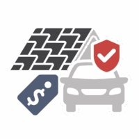 Policy5-icons-04 shingles on a roof and car with red security checkmark shield and price tag with dollar sign