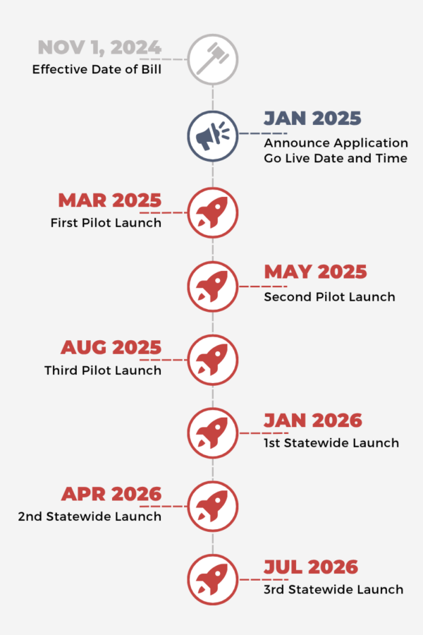 Vertical timeline of milestones from Nov 1, 2024 to Jul 2026 with rocket icons along a dashed central line.