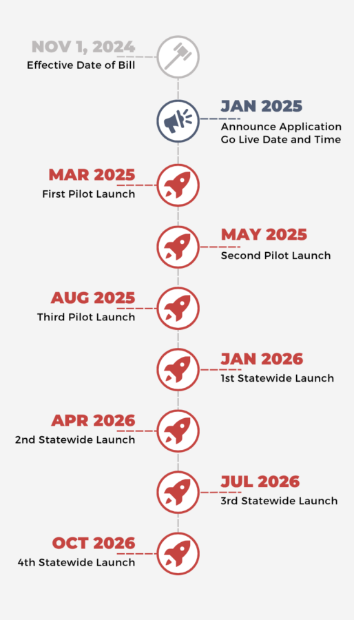 Vertical timeline of milestones from Nov 1, 2024 to Jul 2026 with rocket icons along a dashed central line.